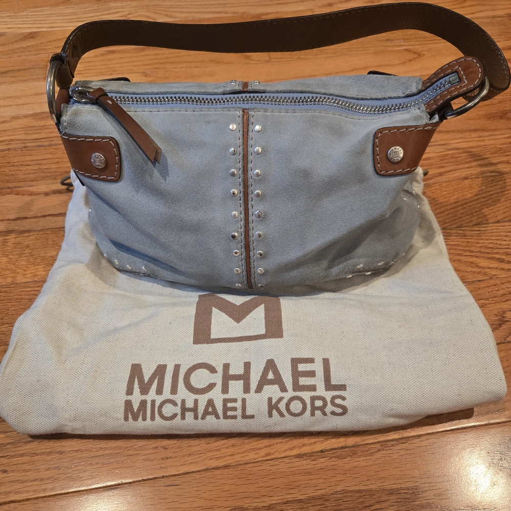Michael Kors Astor Baby Blue And Brown Suede And Leather Bag